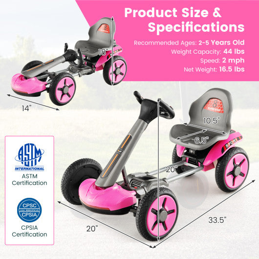 Pedal Powered Toy Car 4-Wheel With Adjustable Steering Wheel And Seat In Pink