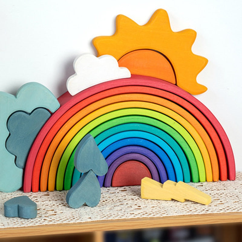 Large Wooden 28 Building Blocks Rainbow Stacking Game For Montessori C