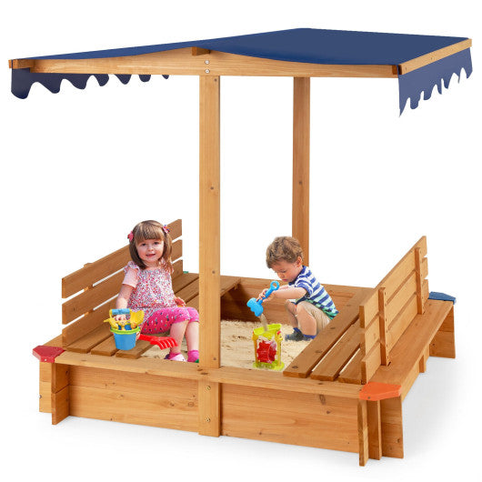 Kids Wooden Sandbox with Canopy and 2 Bench Seats