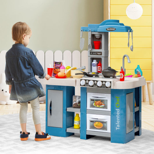 67 Pieces Play Kitchen Set for Kids with Food and Realistic Lights and Sounds-Blue