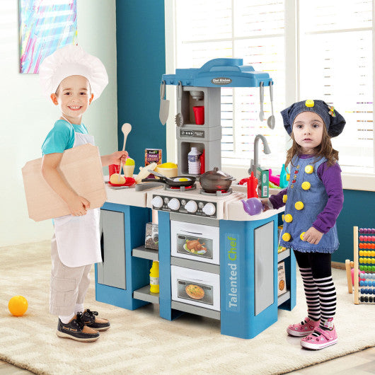 67 Pieces Play Kitchen Set for Kids with Food and Realistic Lights and Sounds-Blue