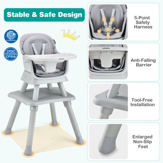 Convertible Baby High Chair With Removable Tray And 6-In-1 Adjustable Modes In Gray