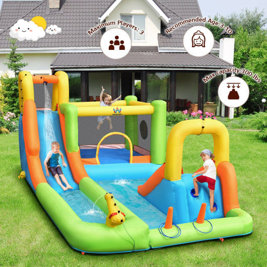 7-in-1 Inflatable Water Slide Bounce House with Splash Pool and 735W Blower