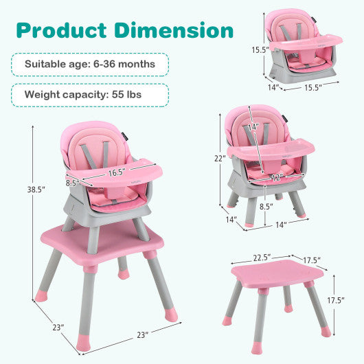 Convertible Baby High Chair With 6-In-1 Adjustable Modes And Removable Tray In Pink