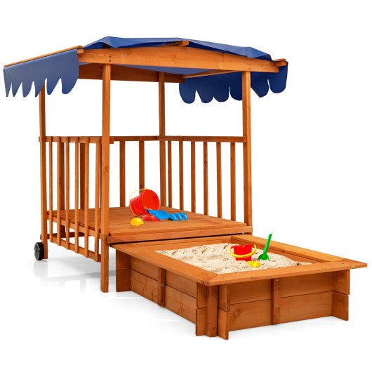 Kids Outdoor Wooden Retractable Sandbox with Cover and Built-in Wheels-Natural