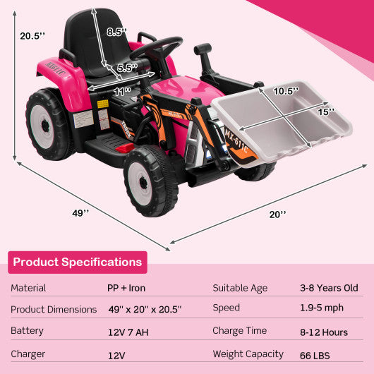 12V Battery Powered Kids Ride on Excavator with Adjustable Arm and Bucket-Pink