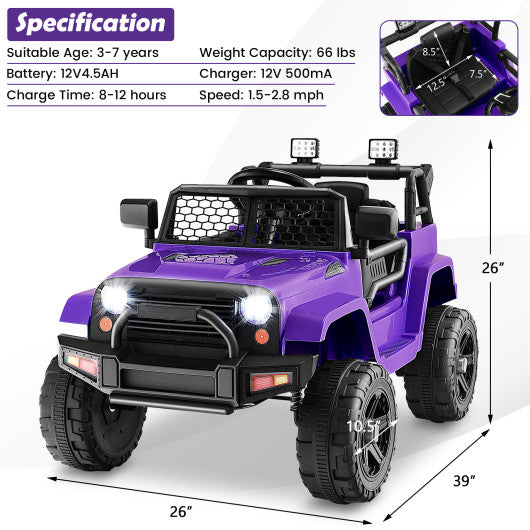 12V Kids Ride On Truck with Remote Control and Headlights-Purple