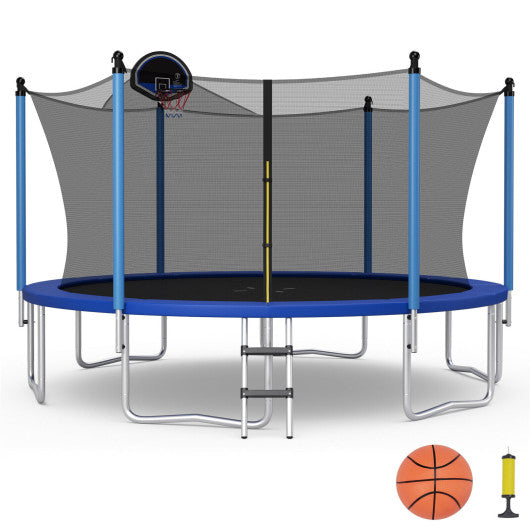 12/14/15/16 Feet Outdoor Recreational Trampoline with Ladder and Enclosure Net-15 ft