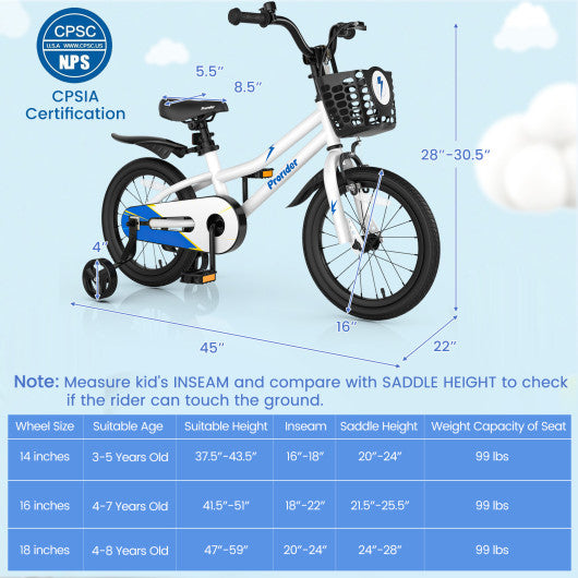 16 Inch Kid's Bike with Removable Training Wheels-White