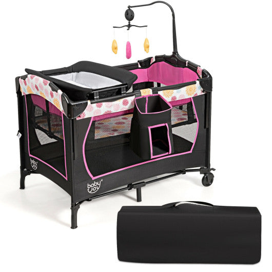 Convertible Portable Baby Playard 3-In-1 With Music Box And Wheel And Brakes In Pink