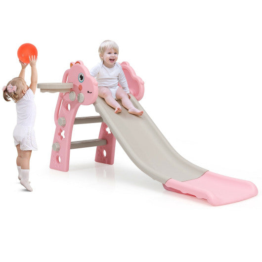 3-in-1 Kids Slide Baby Play Climber Slide Set with Basketball Hoop-Pink