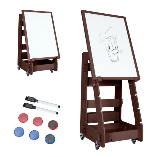 Multifunctional Kids' Standing Art Easel with Dry-Erase Board -Coffee