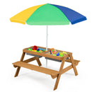 3-in-1 Kids Outdoor Picnic Water Sand Table with Umbrella Play Boxes-Yellow