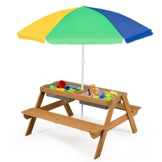 3-in-1 Kids Outdoor Picnic Water Sand Table with Umbrella Play Boxes-Yellow