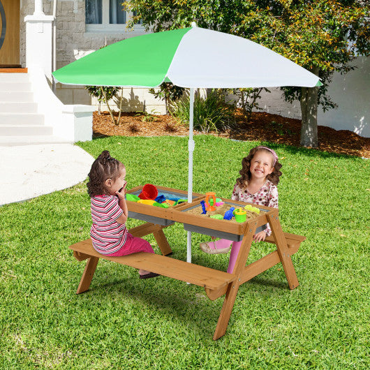 3-in-1 Kids Outdoor Picnic Water Sand Table with Umbrella Play Boxes