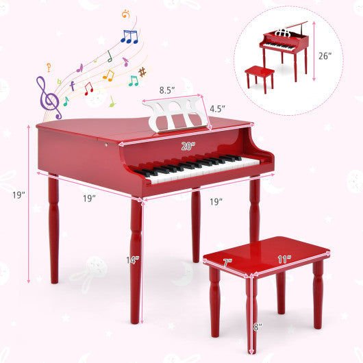30-Key Wood Toy Kids Grand Piano with Bench and Music Rack-Red