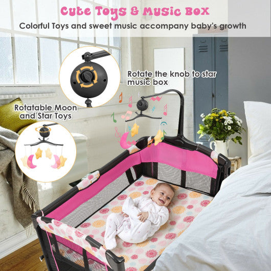 Convertible Portable Baby Playard 3-In-1 With Music Box And Wheel And Brakes In Pink