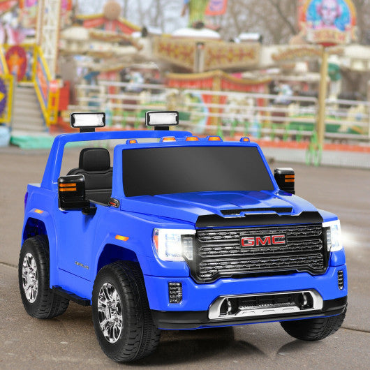 12V 2-Seater Licensed GMC Kids Ride On Truck RC Electric Car with Storage Box-Blue
