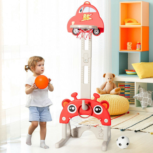 3-in-1 Basketball Hoop for Kids Adjustable Height Playset with Balls-Red