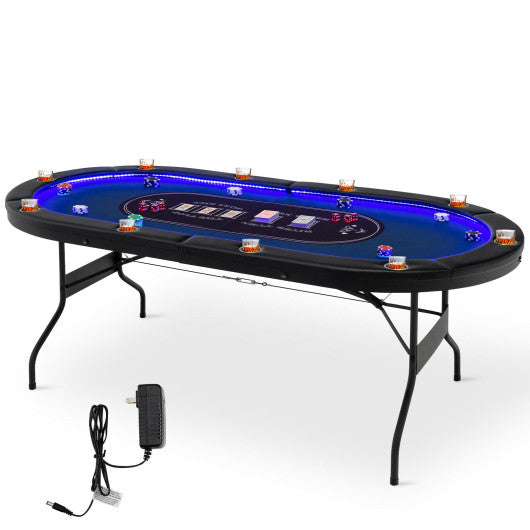 Foldable 10-Player Poker Table with LED Lights and USB Ports Ideal for Texas Casino-Blue