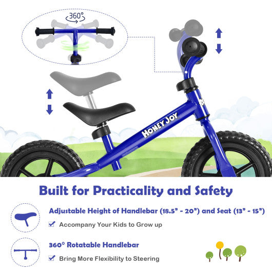 Kids No Pedal Balance Bike with Adjustable Handlebar and Seat-Blue