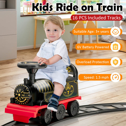 6V Electric Kids Ride On Train with 16 Pieces Tracks-Black