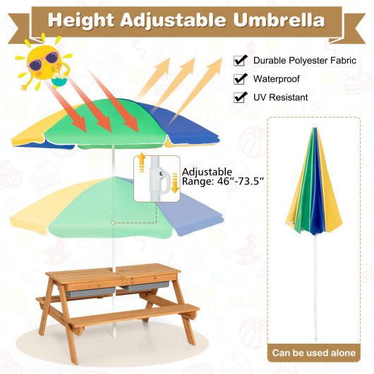 3-in-1 Kids Outdoor Picnic Water Sand Table with Umbrella Play Boxes-Yellow