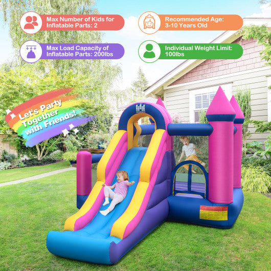 7-in-1 Kids Inflatable Bounce House with Long Slide and 735W Blower