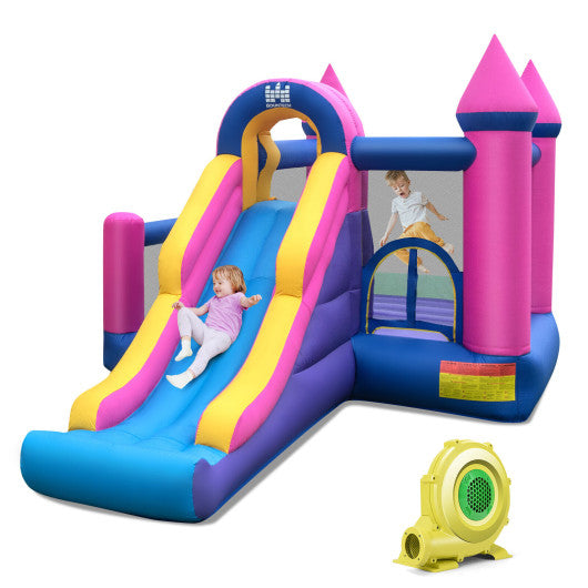 7-in-1 Kids Inflatable Bounce House with Long Slide and 735W Blower