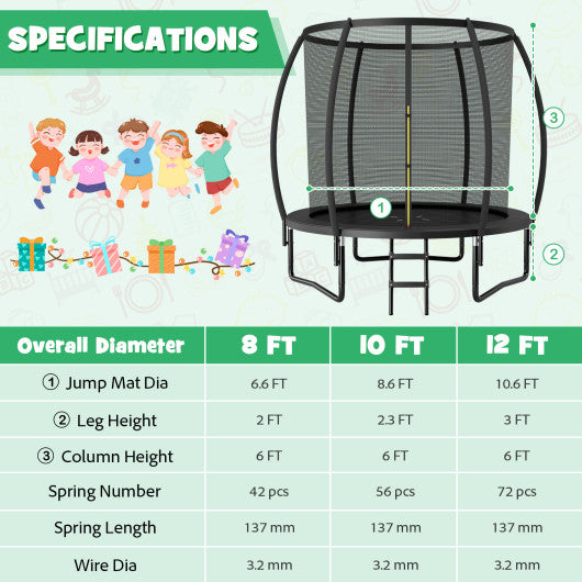 8 Feet ASTM Approved Recreational Trampoline with Ladder-Black