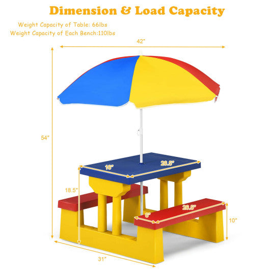 Picnic Folding Table And Bench For Kids With Umbrella In Yellow