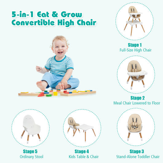 Wooden Baby High Chair 5-in-1 Convertible In Khaki