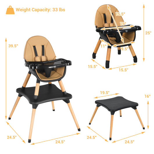 Convertible Wooden High Chair With Detachable Tray In Coffee Color