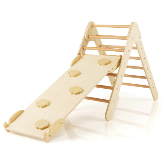 3-in-1 Wooden Climbing Triangle Set Triangle Climber with Ramp-Natural