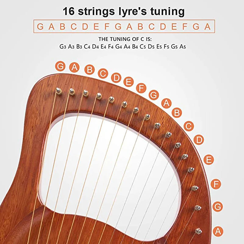 16 Strings Wooden Mahogany Lyre Harp Instrument with Pickup Tuning Wrench Cleaning Cloth Beginner Gift Musical Instrument