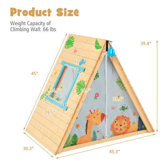 2-in-1 Wooden Kids Triangle Playhouse with Climbing Wall and Front Bell