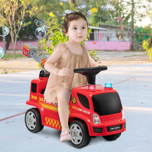 Kids Push Ride On Fire Truck with Ladder Bubble Maker and Headlights-Red