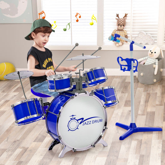 Kids Jazz Drum Keyboard Set with Stool and Microphone Stand-Blue