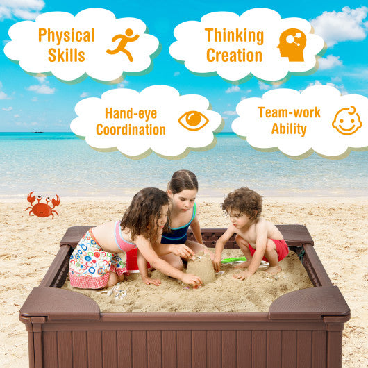 Kids Outdoor Sandbox with Oxford Cover and 4 Corner Seats-Brown