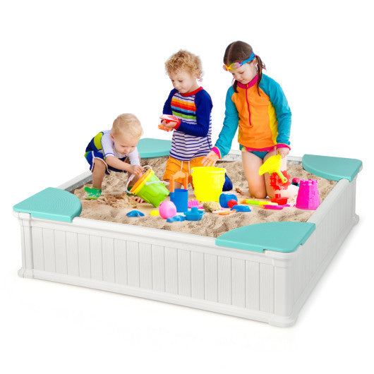Kids Outdoor Sandbox with Oxford Cover and 4 Corner Seats-White