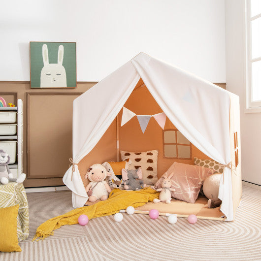 Kid's Play Tent with Washable Cotton Mat and Flag Banner-Light Brown