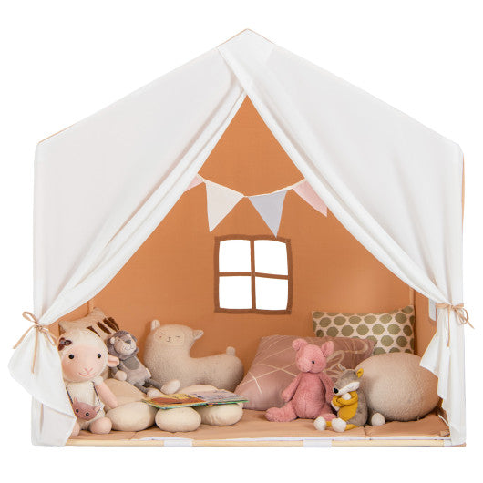 Kid's Play Tent with Washable Cotton Mat and Flag Banner-Light Brown