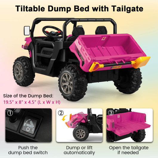 2-Seater Kids Ride On Dump Truck with Dump Bed and Shovel-Pink