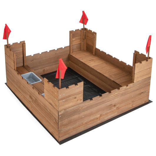 Kids Wooden Sandbox with Bottom Liner and Red Flags