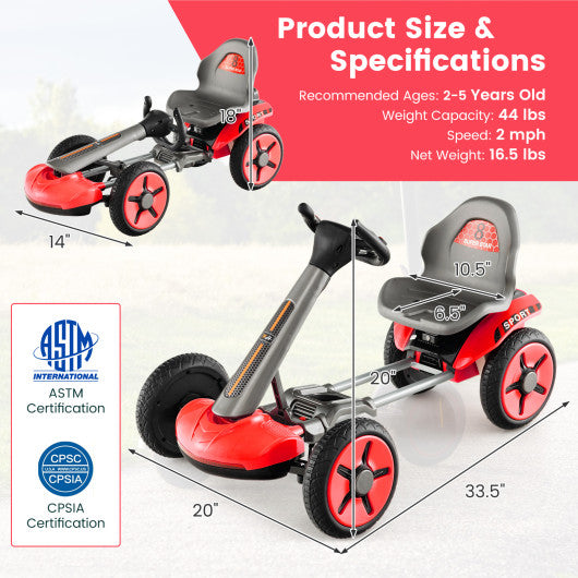 Pedal Powered 4-Wheel Toy Car with Adjustable Steering Wheel and Seat-Red