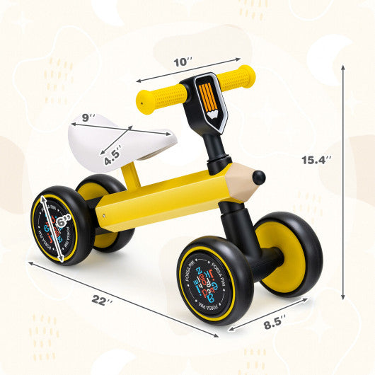 Baby Balance Bike with 4 Silent EVA Wheels and Limited Steering Wheels-Yellow
