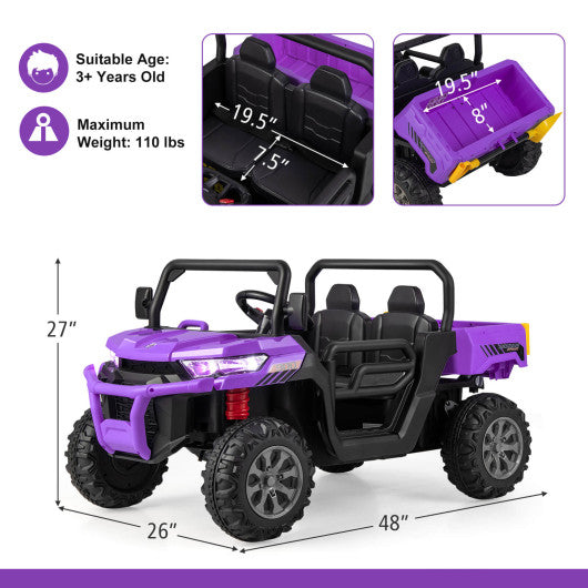 12V Kids Ride On Truck Car with Remote Control and 2 Seaters-Purple