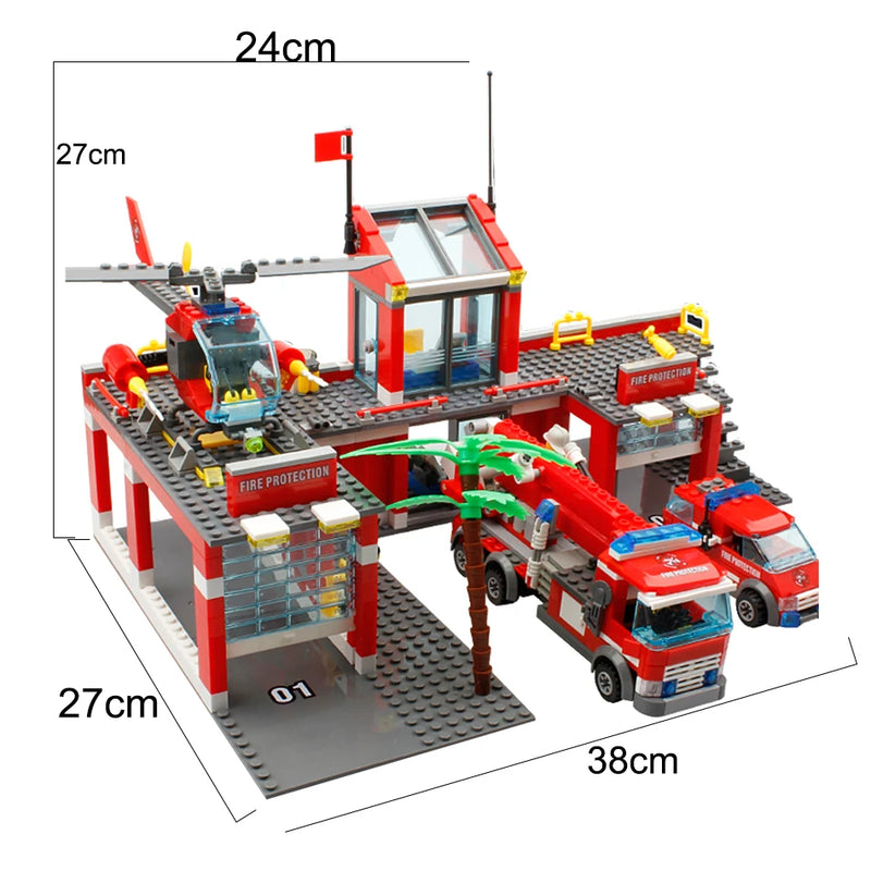 Fire Station Model Building Blocks 756pcs With Truck Helicopter Educational Toy Or Gift For Children