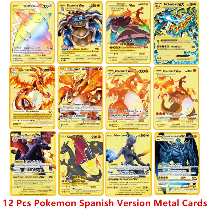 English Espanol Version 6-12 Pcs/Set Pokemon Metal Card Anime Figure Charizard Pikachu Battle Collection Carte Cards Toy Gifts