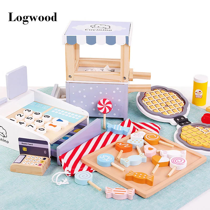 Wooden Children  Play House Toy Simulation Real Life Popcorn Sales Cart Cash Register Toys for boy girl birthday gifts Waffle